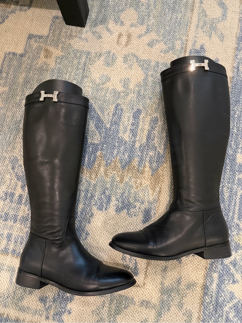 Hermes Black Leather Tall Riding Boots with Silver 'H' Hardware